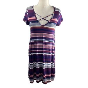 Socialite Dress Womens Size S Blue White Red Stripe Short Sleeve Midi V-Neck NEW